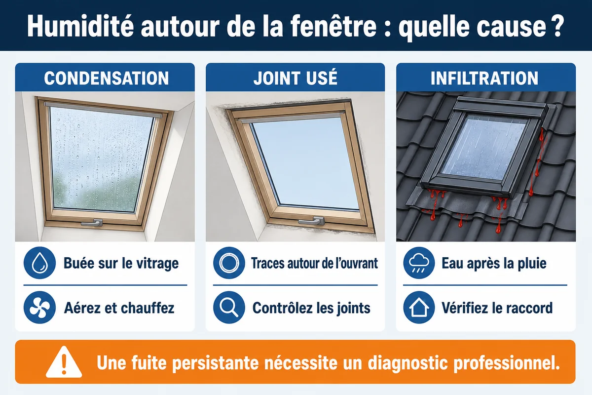 Infographie comparant condensation, joint usé et infiltration autour d’une fenêtre de toit