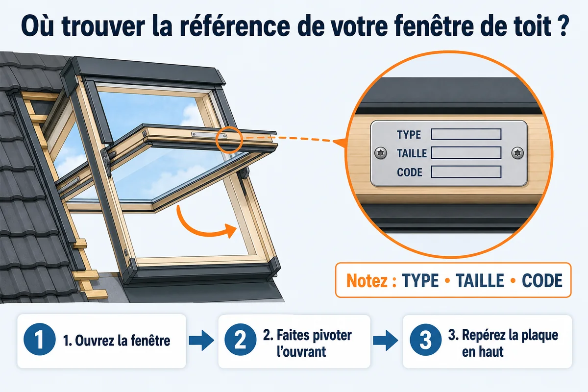 Infographie montrant comment trouver la plaque de référence en haut de l’ouvrant d’une fenêtre de toit